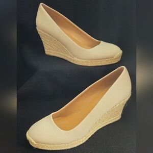 J. Crew Canvas Beige/Cream Espadrille Wedge Pumps - Size 10.5